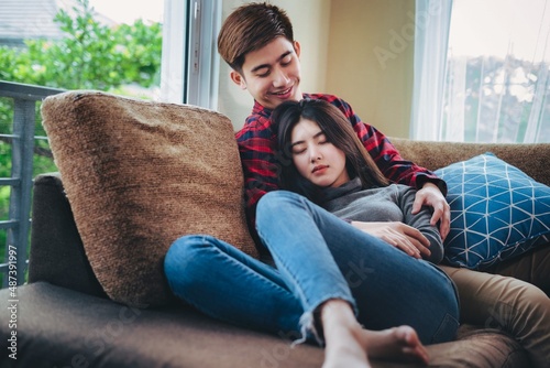 asian man and woman relax in house, People lifestyle concept.