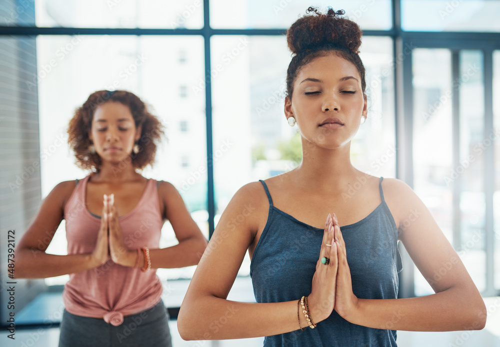 Yoga is the practice of quieting the mind. Shot of two people doing yoga together in a studio.