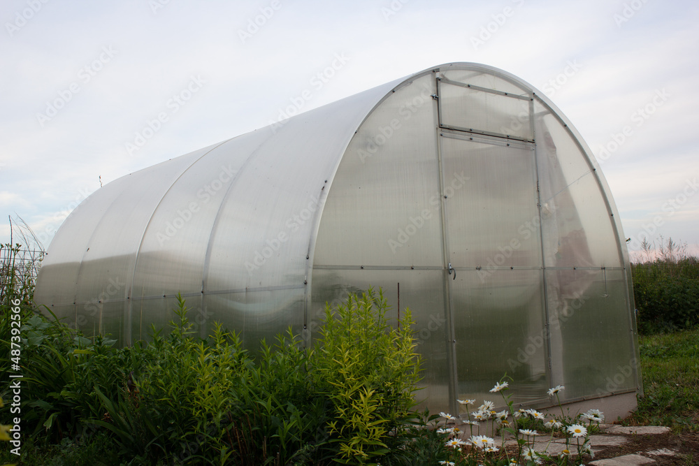 Greenhouse. It stands in the garden in summer. Close-up. High quality photo. Copyspace Greenhouse. It stands in the garden in summer. Close-up. High quality photo. Copyspace