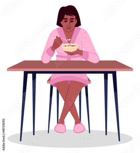 Woman eating flakes with milk semi flat RGB color vector illustration. Sitting figure. Morning breakfast. Healthy appetite. Person eating out alone isolated cartoon character on white background