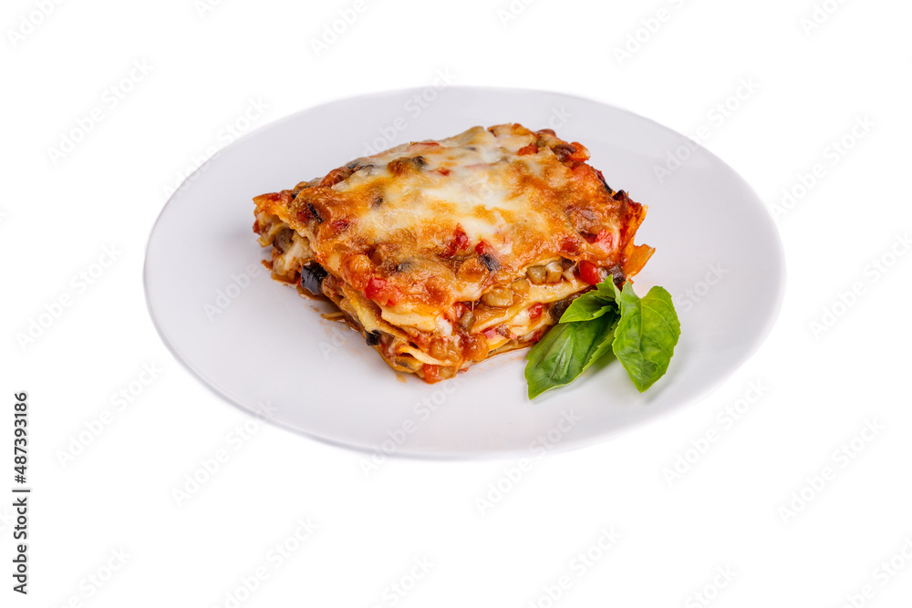 lasagna on light plate on white background for restaurant menu lasagna on light plate on white background for restaurant menu