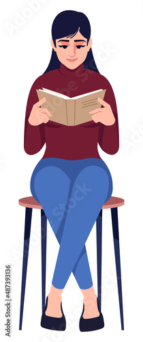 Pretty woman with book semi flat RGB color vector illustration. Sitting figure with crossed legs. Visiting library. Lady reading for pleasure isolated cartoon character on white background