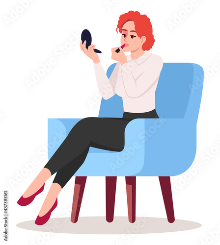 Elegant woman applying lipstick semi flat RGB color vector illustration. Posing figure. Office lady touching up makeup during workday isolated cartoon character on white background