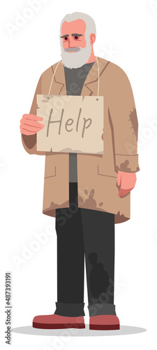 Homeless man asking for help semi flat RGB color vector illustration. Standing figure. Begging for money. Poor person without home and money isolated cartoon character on white background