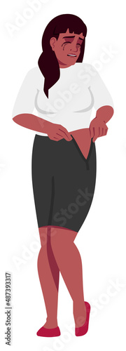 Frustration about weight gain semi flat RGB color vector illustration. Worrying about big thighs. Crying woman wearing ill-fitting clothing isolated cartoon character on white background