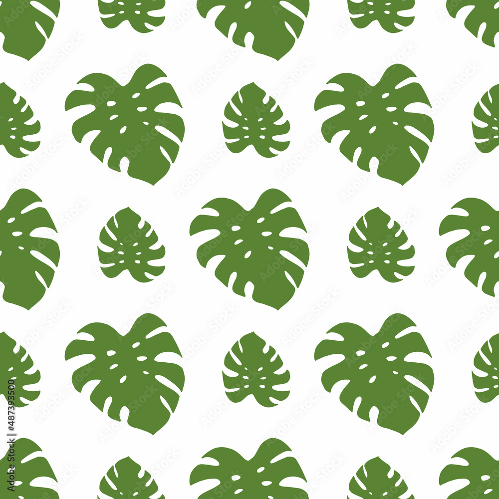 Seamless pattern with green tropical leaves on white background. Vector image.