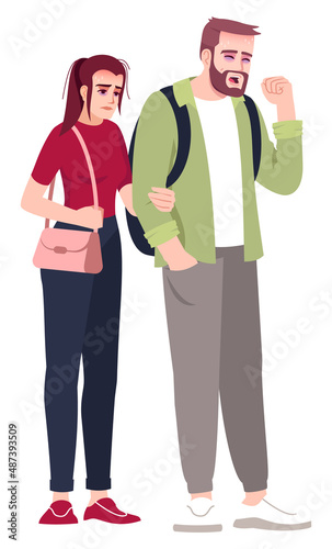 Detect sick people semi flat RGB color vector illustration. Standing figures. Hospital appointment. Coughing man and tired woman. Ill-looked couple isolated cartoon characters on white background