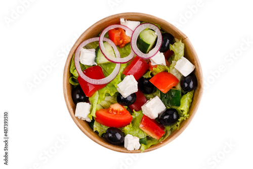 salad with tomato cucumber olives and soft cheese on white background for restaurant menu2