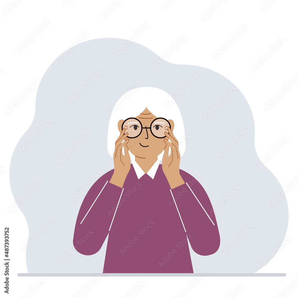 Satisfied woman with glasses. Vision problem concept. Vector Satisfied woman with glasses. Vision problem concept. Vector