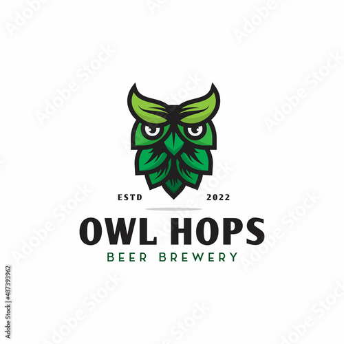 owl hops logo design with stylized hop, brewery logo, modern vector template illustration