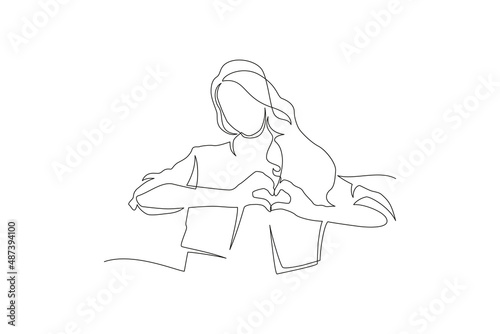 Lifestyle Concept Beautiful attractive woman making a heart symbol with her hands continuous line drawing. Vector illustration.