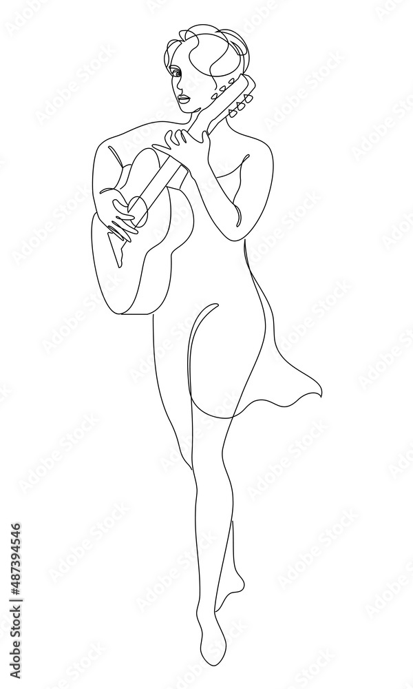 Silhouette of a beautiful woman with a guitar in a modern continuous line style. Girl guitarist, slender. Continuous line drawing, decor aesthetic outline, posters, stickers, logo. Vector illustration
