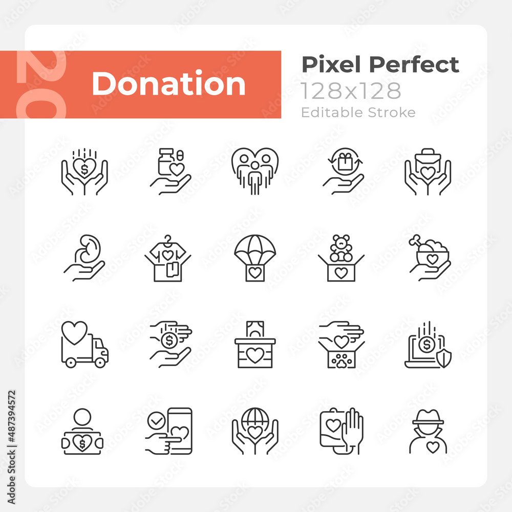 Donation opportunities pixel perfect linear icons set. Giving items away for free. Charitable organization. Customizable thin line symbols. Isolated vector outline illustrations. Editable stroke