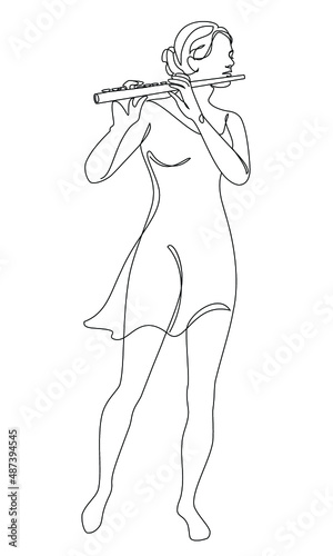 Silhouette of a beautiful woman with a flute in a modern continuous line style. Flute girl, slender. Continuous line drawing, decor aesthetic outline, posters, stickers, logo. Vector illustration