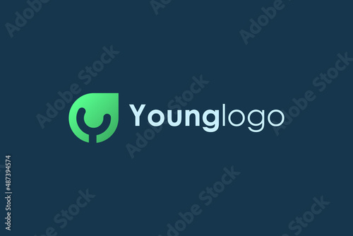 Young People Logo. Green Leaf with Initial Letter Y Human Icon inside isolated on Blue Background. Flat Vector Logo Design Template Element.