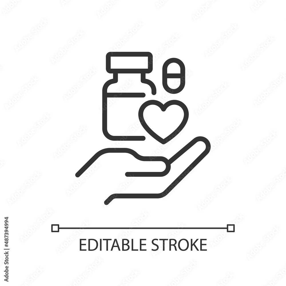 Medical donation pixel perfect linear icon. Unused medicine disposal