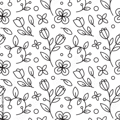 Floral cute vector beautiful line art seamless pattern with flowers, tulips, leaves, berries, branches. 8 march and valentine day pattern © ejevyaka