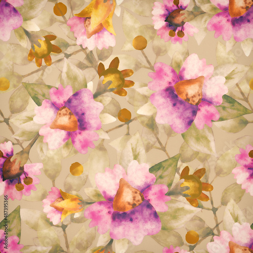 Seamless pattern. Retro background. Floral ornament. Bright watercolor flowers.