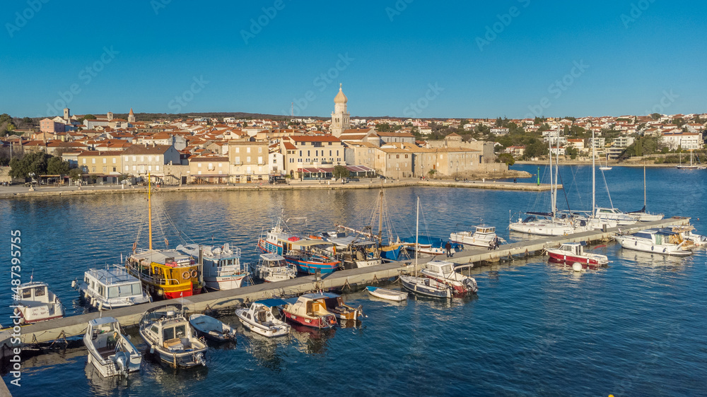 Aerial view of historic Adriatic town of Krk , Island of Krk, Kvarner bay of Adriatic sea, Croatia, Europe