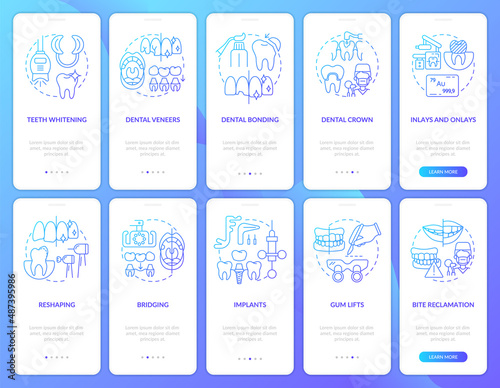 Dental clinic blue gradient onboarding mobile app screen set. Implants walkthrough 5 steps graphic instructions pages with linear concepts. UI, UX, GUI template. Myriad Pro-Bold, Regular fonts used