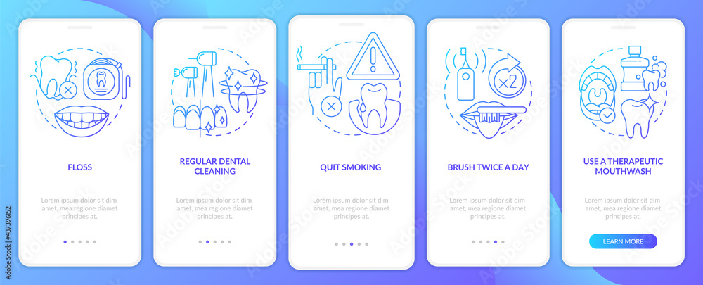 Gum disease treatment blue gradient onboarding mobile app screen. Walkthrough 5 steps graphic instructions pages with linear concepts. UI, UX, GUI template. Myriad Pro-Bold, Regular fonts used