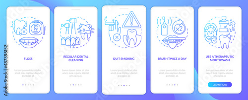 Gum disease treatment blue gradient onboarding mobile app screen. Walkthrough 5 steps graphic instructions pages with linear concepts. UI, UX, GUI template. Myriad Pro-Bold, Regular fonts used