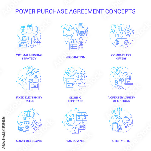 Power purchase agreement blue gradient concept icons set. Electricity selling. Business relationship idea thin line color illustrations. Isolated symbols. Roboto-Medium, Myriad Pro-Bold fonts used