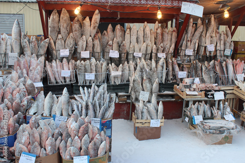 Frozen fish, winter street market in Yakutsk, Sakha, Yakutia