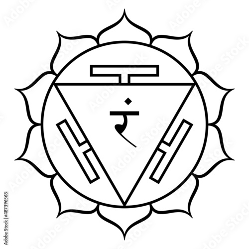 Manipura, Navel chakra, meaning city of jewels. Traditional representation of the third primary chakra, located above the navel. Lotus with 10 petals, a fire triangle, and the seed syllable Ram, fire. photo