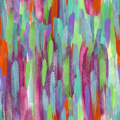 
Seamless background with contrasting strokes of acrylic paint. Bright hand-drawn background. Seamless abstract work with purple, green, burgundy, orange and blue spots. Pattern for fabric.