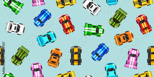Pixel Art  Racing Cars in 8-bit retro game style - vector seamless pattern. Cartoon car toys endless background	
