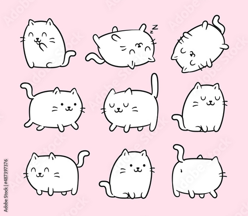 Set of cute Kawaii style white Cats or kittens in funny poses - isolated on white vector. Funny kawaii animal. Cartoon fat cats 