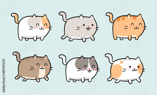 Cute Kawaii Cats or kittens in funny poses - isolated on white vector. Funny cartoon fat cats for print or sticker design. Adorable kawaii pet animals