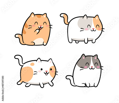 Set of cute Kawaii Cats or kittens in different poses - isolated on white vector. Funny cartoon fat cats in different poses. Adorable kawaii pet