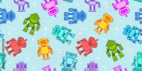 Pixel Art  Cartoon robots and aliens in 8-bit retro game style - vector seamless pattern. Cute cartoon robots toys endless background