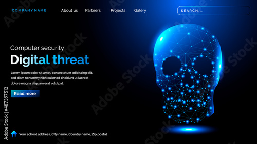 Digital threat theme landing page with futuristic skull icon