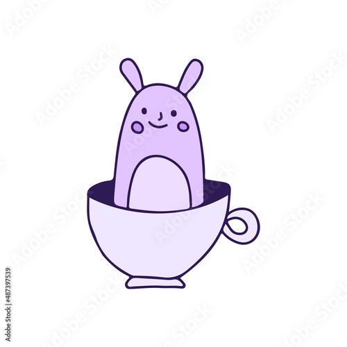 Bunny and cup of coffee, illustration for t-shirt, sticker, or apparel merchandise. With doodle, retro, and cartoon style.