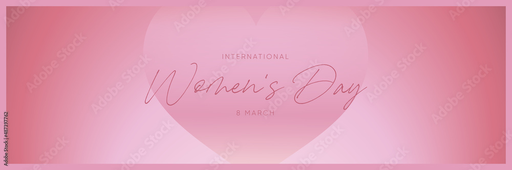 Women's day 8 March gradient background. Simple background with heart shape, pink gradient and elegant text for holiday greeting card design. Cute web banner. Vector.