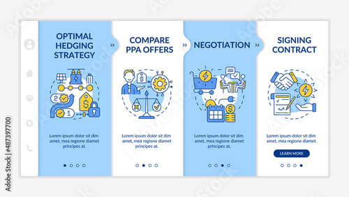 PPA work blue and white onboarding template. Electric energy sales. Responsive mobile website with linear concept icons. Web page walkthrough 4 step screens. Lato-Bold, Regular fonts used