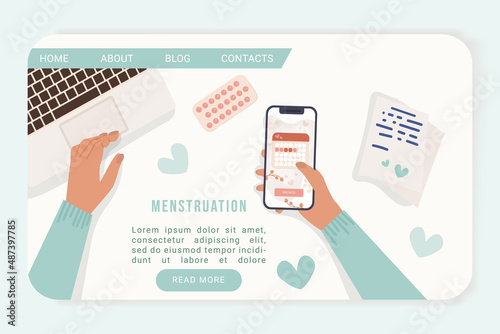 Menstrual period. Landing page template for a website about menstruation and female health. Concept of women’s hygiene and healthcare. Vector illustration.