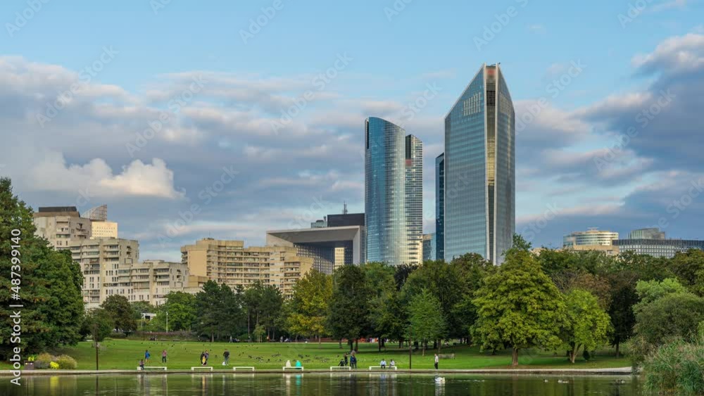 Cloudy Day Over La Defense Business District Paris Lake and Trees Buildings Cloudy Day Over La Defense Business District Paris Lake and Trees Buildings