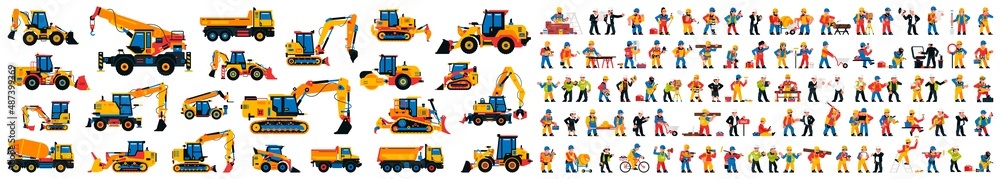 Set of construction machinery and construction site workers. Building transport and builders. Engineers, managers, architects. Vector illustration isolated on white background.