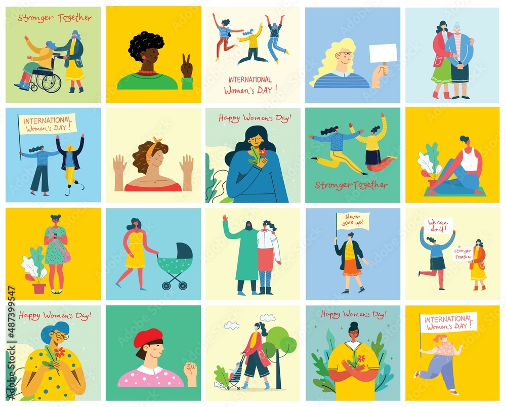 Fototapeta premium International Women's Day. Women in leadership, woman empowerment, gender equality concepts. Crowd of women of diverse age, races and occupation. Vector banner.