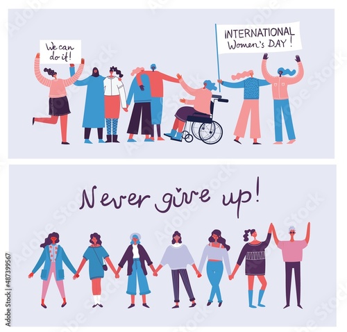 International Women's Day. Women in leadership, woman empowerment, gender equality concepts. Crowd of women of diverse age, races and occupation. Vector banner.