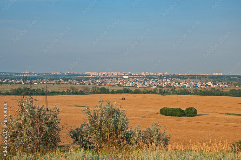 Panorama city view with field