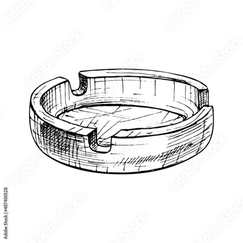 Ashtray. Vintage hatching black illustration isolated on white