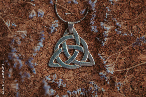 silver triquetra pendant on a wooden table in dry flowers