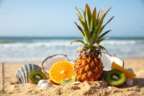 Wall Mural assorted of fresh fruit on the beach