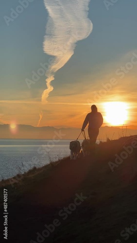 Video of female walking their dogs at Deception Pass at sunset photo