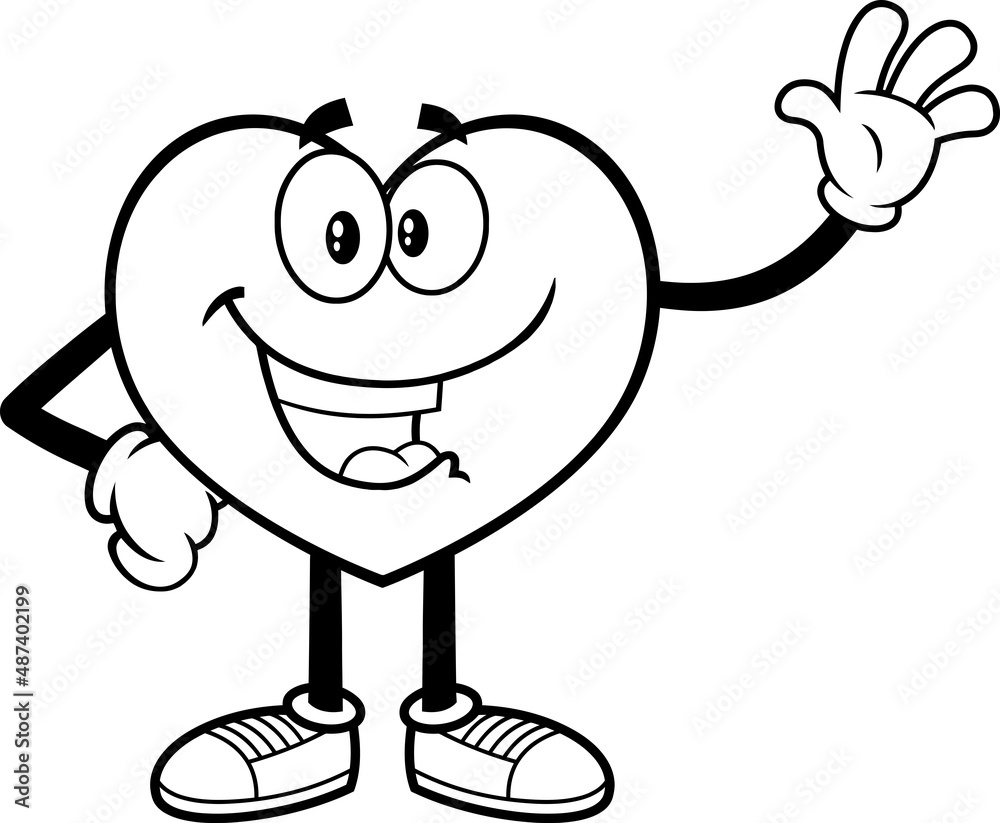 Obraz premium Outlined Happy Heart Cartoon Character Waving For Greeting. Vector Hand Drawn Illustration Isolated On White Background